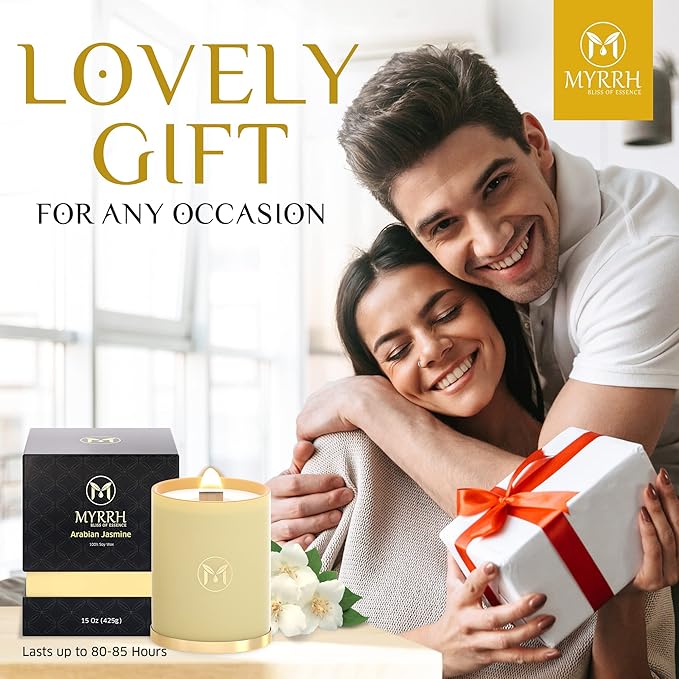 MyrrhUSA Arabian Jasmine Scented Candle – 15oz Natural Soy Wax with Crackling Wooden Wick & Essential Oil | 80 Hour Burn | Luxury Aromatherapy Candle for Relaxation, Home Décor, Living Room & Bathroom - Bloomnest