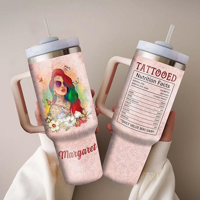 WAZONE Personalized Tattooed Nutrition Facts Tumbler Cup With Lid Custom Name Native American Butterfly Flower Floral Vintage Travel Coffee Mug Insulated Cups 40oz Gifts For Tattoo Lovers - Bloomnest