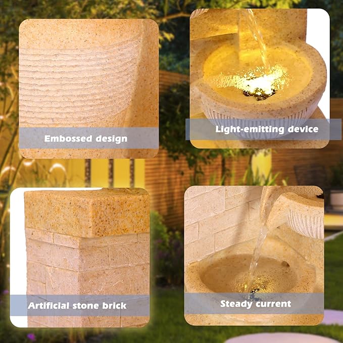 Grepatio Outdoor 4-Tiers Water Fountain, Garden Cascading Waterfalls Fountain with LED Lights, 32"H Modern Indoor/Outdoor Bowl Waterfall Feature Water Fountains for Garden, Patio, Yard Decor (Yellow) - Bloomnest