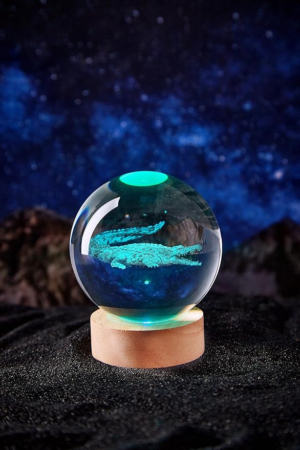 3D Large Crocodile Crystal Ball Night Light with Wooden Base, Crystal Lamp Gift for Kids Wife Friends, 16 Color Changing with Remote Control, Laser Engraved 3.15 inch Glass Ball Lamp (Crocodile) - Bloomnest