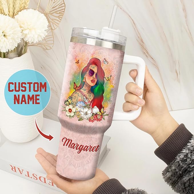 WAZONE Personalized Tattooed Nutrition Facts Tumbler Cup With Lid Custom Name Native American Butterfly Flower Floral Vintage Travel Coffee Mug Insulated Cups 40oz Gifts For Tattoo Lovers - Bloomnest