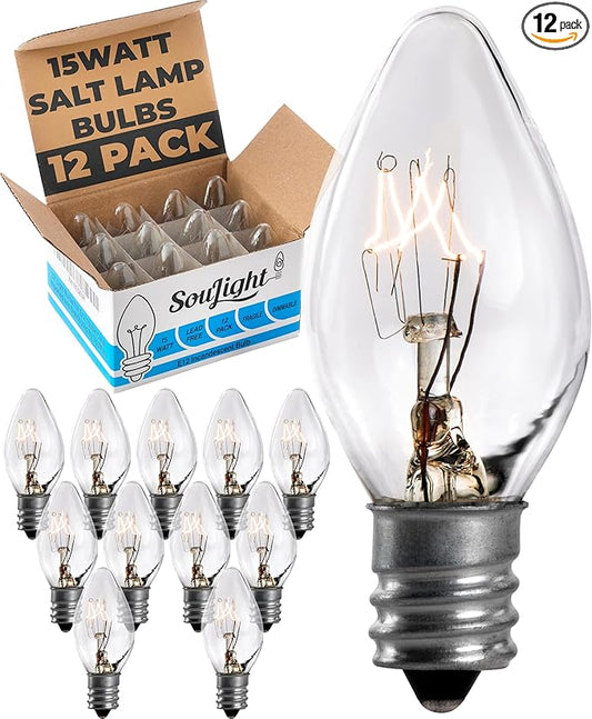 Salt Lamp Light Bulb - 15 Watt Replacement Bulbs for Himalayan Salt Lamps & Baskets, Chandeliers, Candle & Wax Warmers, Night Light Bulbs. E12 Socket, C7, Warm White – 12 Pack - Bloomnest