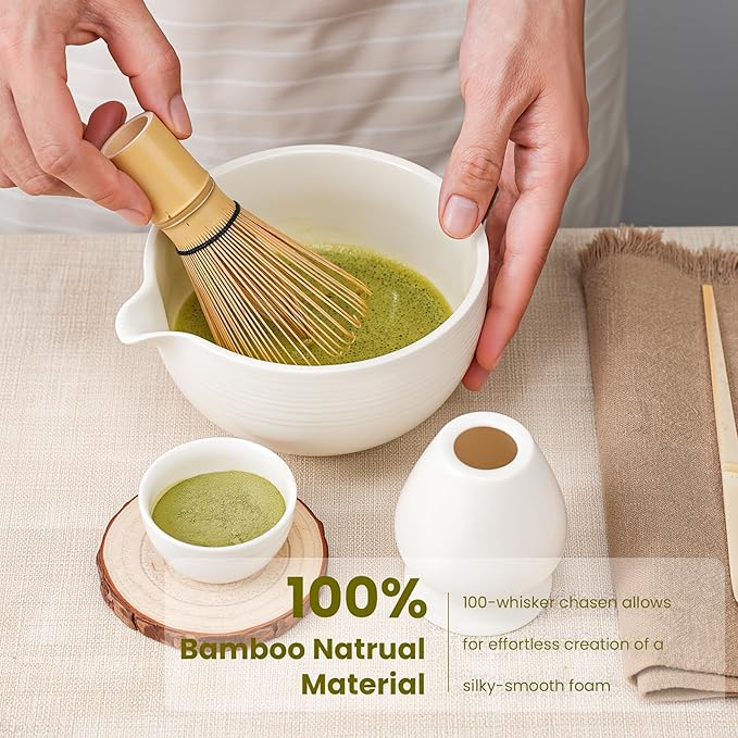 Matcha Whisk Set, Handcrafted Bamboo Chasen & Ceramic Bowl Matcha Kit, Complete 5 Pcs Matcha Set Whisk and Bowl W/Stainless Steel Sifter, Bamboo Scoop & Holder for Matcha Tea Ceremony (White) - Bloomnest