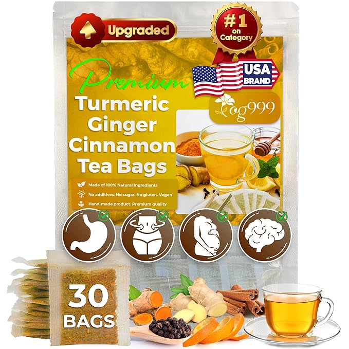 TOG999, 30 Bags Premium Turmeric Ginger Cinnamon Tea. Upgraded Version. Improve Digestion, Support Brain, Weight, Skin and Sleep. Eco-Conscious Tea Bags. No Sugar, No Caffeine, No Gluten, Vegan. - Bloomnest