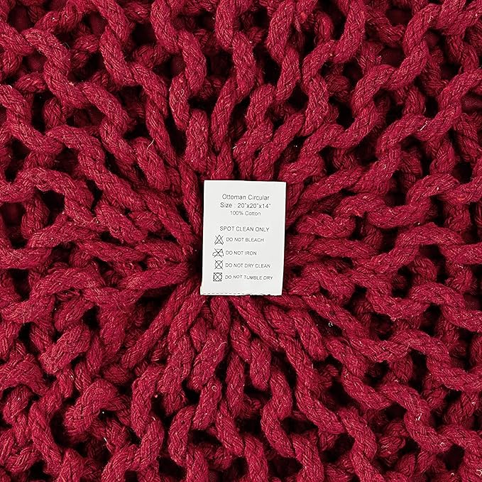 REDEARTH · Round Pouf Ottoman - Hand Knitted Cable Boho Poof - Foot Stool Bean Bag - Home Décor Stuffed Footrest for Living Room - Nursery - Bedroom - 100% Cotton Poufs (19.5"x19.5"x14") - Red - Bloomnest