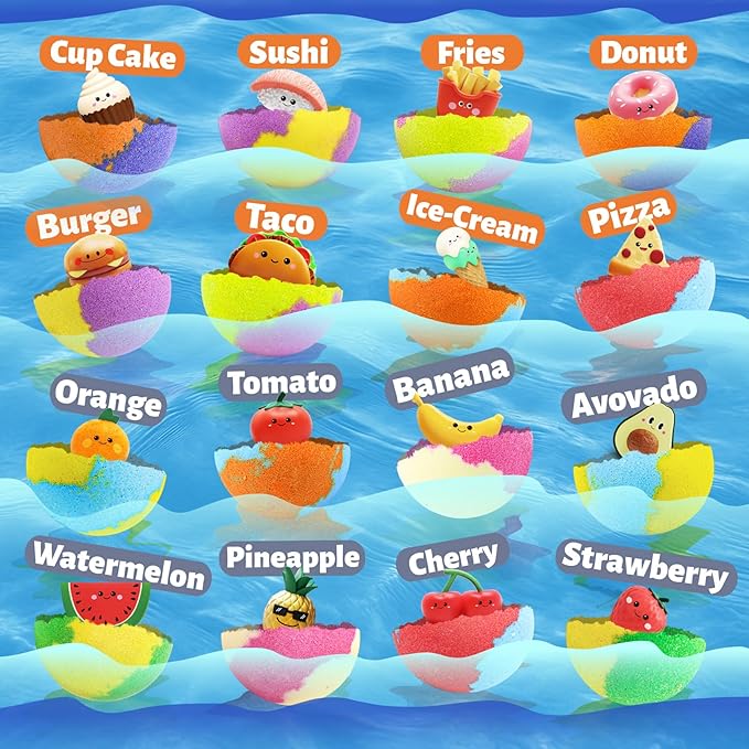 Kids Bath Bombs with Food Toys Inside, 16 Pack Colorful Surprise Bath Fizzies Set, Organic Fizzy Bubble Bath Bombs for Girls & Boys, Ages 3+ - Bloomnest