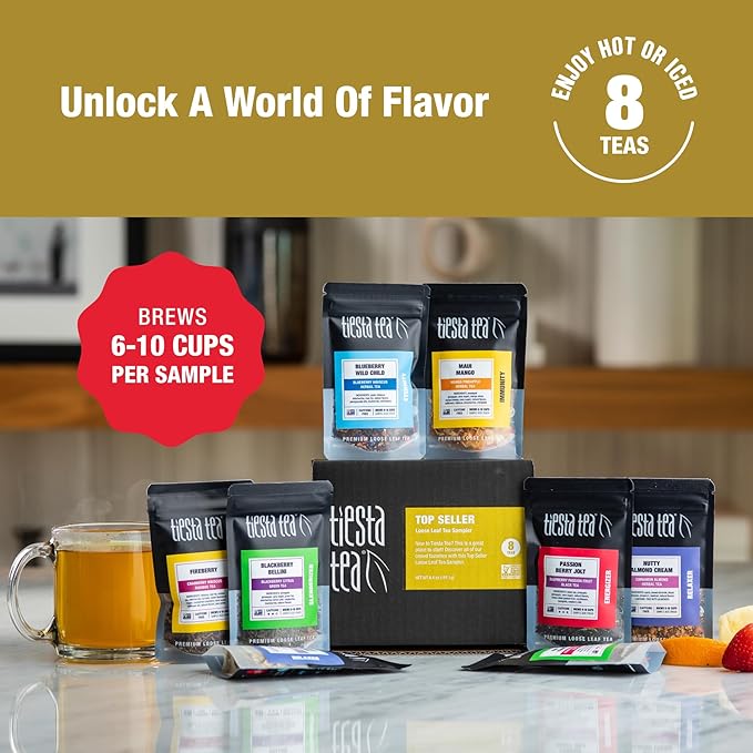Tiesta Tea - Favorites Starter Sampler Dry Flight Set, Loose Leaf, High to No Caffeine, Makes Hot & Iced, Assorted Tea Sets with Herbal, Black, Fruit Blends & More, 8 Resealable Sample Pouches - Bloomnest