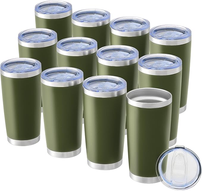 OMTech 20oz Tumblers Bulk, 12pc Stainless Steel Tumbler Set with Lid & Straw, Double Wall Vacuum Insulated Mug for Laser Engraver, Travel Coffee Mug for Hot & Cold Drinks, Army Green Powder Coated Cup - Bloomnest