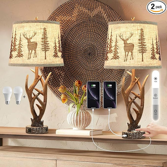 Dungoo 26" Touch Control Antler Table Lamps Set of 2, 3-Way Dimmable Rustic Lamp with 2 USB Ports, Natural Antler Lamp with Deer Forest Lampshade Farmhouse Lamps for Living Room Foyer - Bloomnest