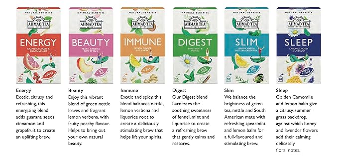 Ahmad Tea Natural Benefit Functional Tea Selection Pack | Green teas, Fruit & Herbal Infusions | Perfect herbal tea gift - 60 Teabag Sachets | 6 blends - Bloomnest