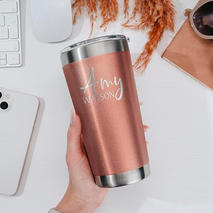 Personalized Tumbler with Engraved Name - 12 Designs, 20 Oz Coffee Tumbler with Slider Lid, Rose Gold, Double Wall Insulated - Custom Gifts for Women - Bloomnest