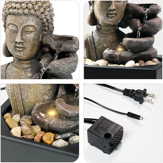 Ferrisland Tabletop Waterfall Fountain Indoor - Buddha Water Fountains 4-Tier Tabletop Waterfall of Zen Meditation Buddha Fountain with LED Warm Light for Office Home and Bedroom Desktop Decor - Bloomnest