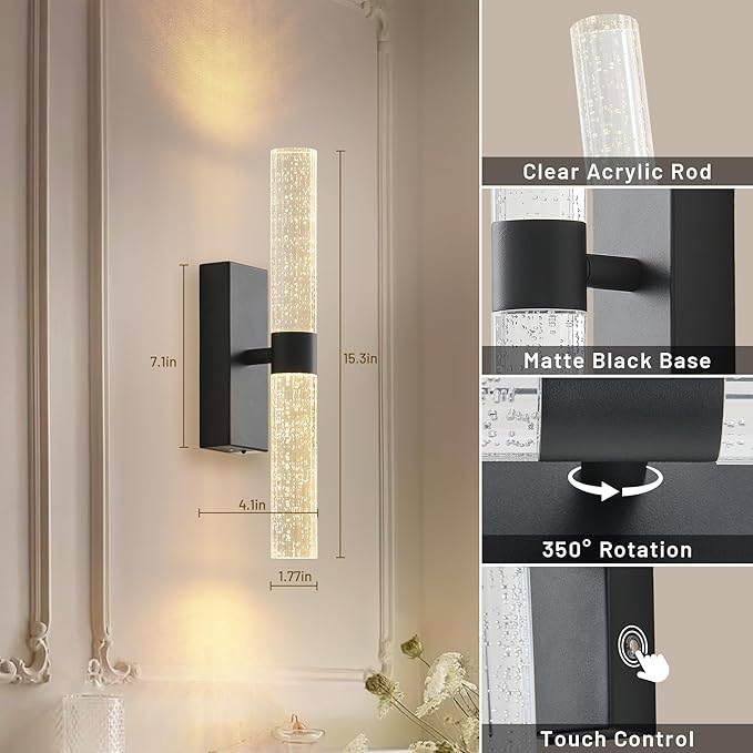 Black Battery Operated Wall Sconce Set of Two,Rechargeable Wireless Wall Lights with Remote Control,350°Rotate,3000K/4000K/6000K,Dimmable,Timer,for Bedroom,Living Room,Hallway,15.3 Inch - Bloomnest