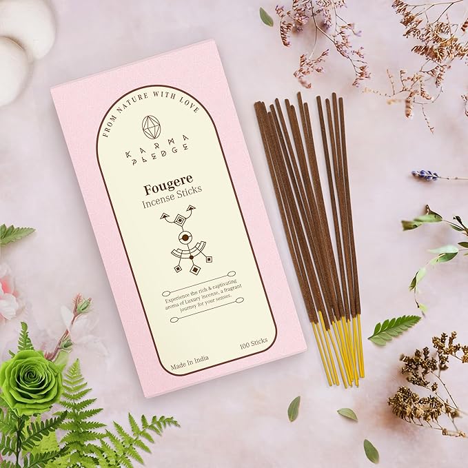 Fougere Incense Sticks, Organic Hand Dipped 100 Sticks with Natural Herbs & Aromatic Ingredients, Burn Time 45 to 60 Minutes, Incense for Positivity, Yoga, Meditation, Relaxation, Spiritual Gift KARMAPLEDGE