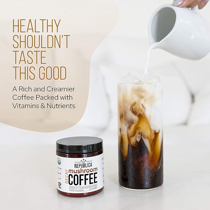 La Republica DECAF Organic Mushroom Coffee (35 Servings) with 7 Superfood Shrooms, Great Tasting Instant Mix Includes Lion's Mane, Reishi, Chaga, Cordyceps, Shiitake, Maitake, and Turkey Tail (Decaffeinated) - Bloomnest