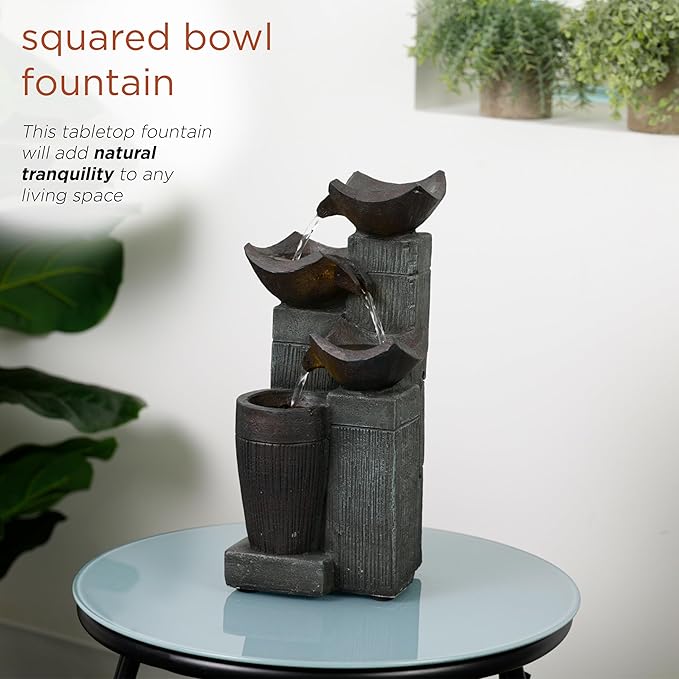 Alpine Corporation TZL414 14" 4 Tier Squared Bowls Fountain with LED Lights, Elegant Tabletop Water Feature for Home, Office, Living Room, Bedroom & Desk Decor, Gray - Bloomnest