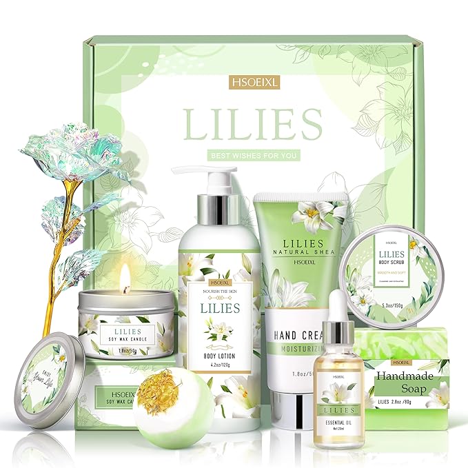 Gifts for Women, Birthday Gifts for Women, Bath and Body Gifts Set, Lilies Self Care Set,Christmas Mothers Day Relaxing Spa Basket for Mom, Grandma, Girlfriend, Sister, Friends - Bloomnest