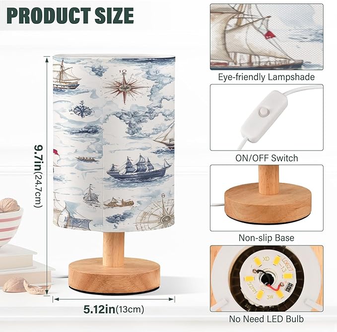 Sea Map Nautical Table Lamp with USB Port Night Light Bedroom Lamps for Nightstand Living Room Dorm Home Office Desk - Bloomnest