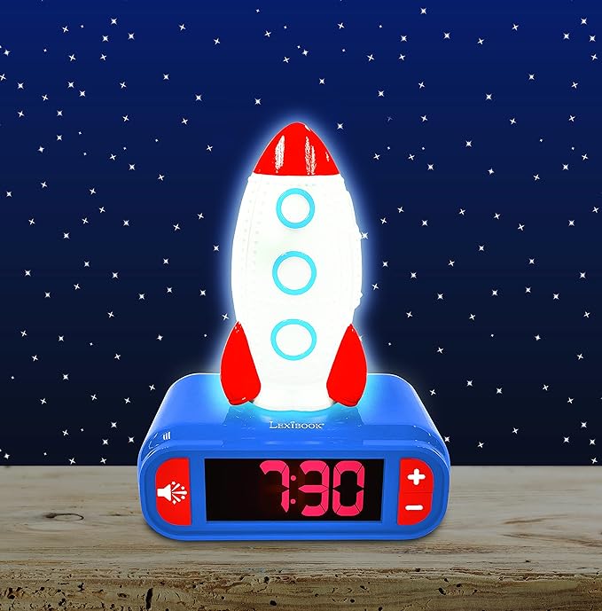 LEXiBOOK - Rocket Digital Alarm Clock for Kids with Night Light Snooze, Childrens Clock, Luminous Rocket, Blue Colour - RL800SPC - Bloomnest