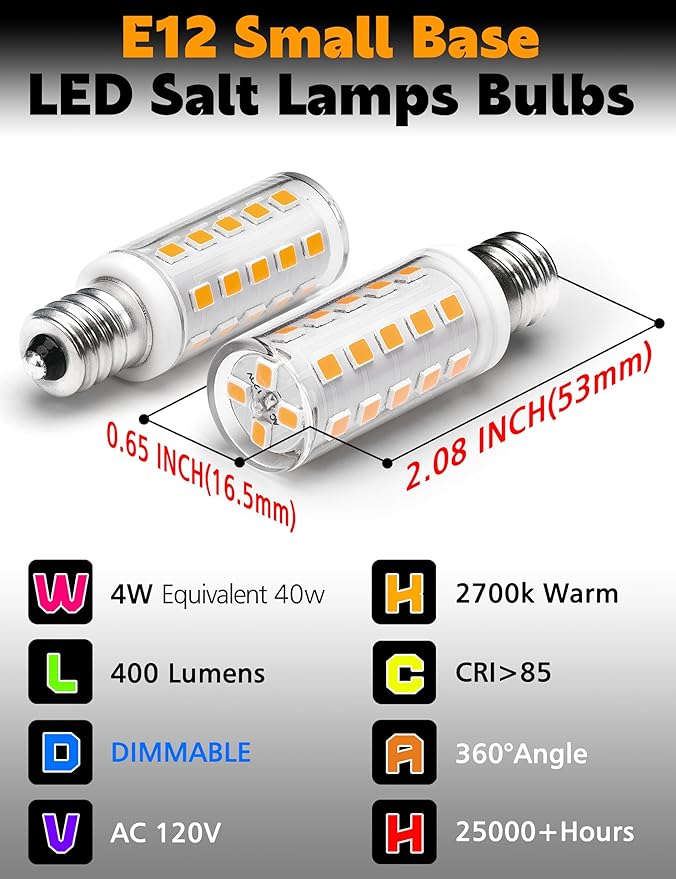 E12 Dimmable 15 Watt-40 Watt Himalayan Salt Lamp Bulbs Equivalent, C7 T20 4W 400lm AC120V Night Light LED Bulbs with E12 Base for Rock Salt Lamps, 2700k Warm White,8Pack - Bloomnest