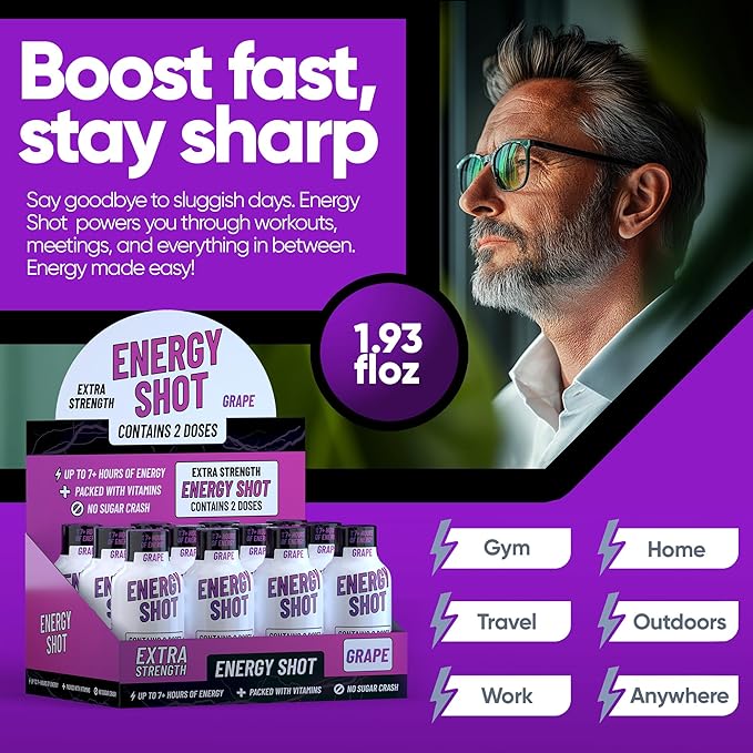 Grape Extra Strength Energy Shot 48 pk – 260mg Natural Caffeine B12 B6 – Energy & Focus Support – 2 Servings Sugar Free Zero Calorie Green Tea B-Vitamins Electrolytes Vegan – 1.93 fl oz - Bloomnest