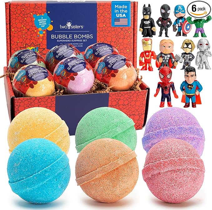 Superhero Bath Bombs for Kids with Surprise Toys Inside (6 Pack) - Large Bubble Bomb Fizzies for Boys, Girls, & Toddlers - Fruity Scents, Relaxing Aromas, Made in USA, Birthday Gift by Two Sisters - Bloomnest