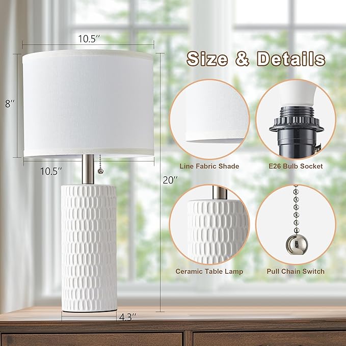 Table Lamps for Living Room Set of 2, Ceramic Table Lamps for Bedroom, 20" Modern Lamps for Night Stands, White - Bloomnest