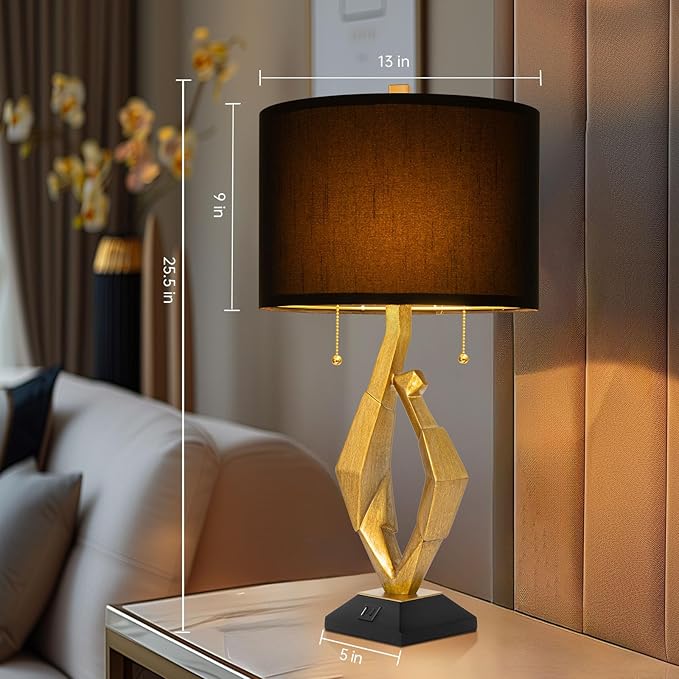 Sculptural Table Lamp Set of 2 with USB Ports For Living Room, Gold Leaf Finish Farmhouse Bedside Lamps with S Cluster Pull Chains Switch for Bedroom, Rustic Nightstand Lamp for Office, Hotel, Bar - Bloomnest