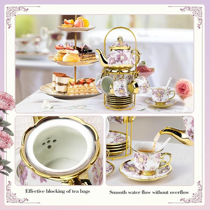 20 Pcs Porcelain Tea Set with Metal Holder, European Ceramic Tea Set for Adults, Adult Tea Set Gift, Flower Tea Cup Saucer Set for Party With Gold Flower Painting (Elegant Purple) - Bloomnest