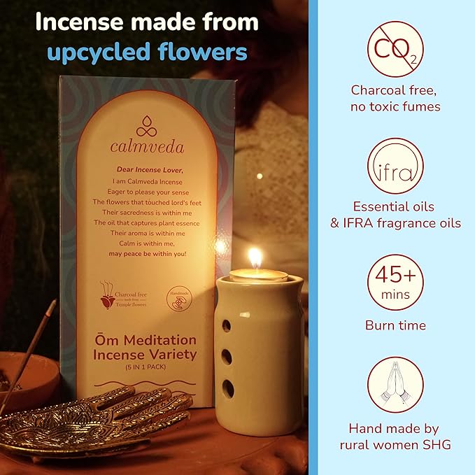 Ōm Meditation Incense Sticks - (5 Variants, 60 Insenses) Charcoal Free Inscents-Sticks | Nag Champa, 60s Patchouli Incense, Lavender Incense, Cinnamon & Sandalwood Incense, Perfect Care Gift - Bloomnest