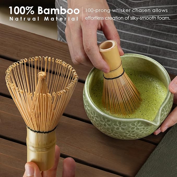 7Pcs Matcha Whisk Set, Ceramic Matcha Bowl with Spout, Bamboo Whisk and Holder,Bamboo Scoop,Scoop Rest,Sifter,Tea Towel, Matcha Kit with Cherry Blossom Carved Patterns for Matcha Lovers (Sakura Green) - Bloomnest