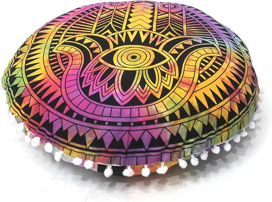 CRAFT KALA Large Round Bohemian Floor Pillow Pouf Cover Mandala Meditation Room Pillow Cover for Adults Boho Seating Poufs Cushion Cover for Kids Playroom Multi Hamsa 32" Round - Bloomnest