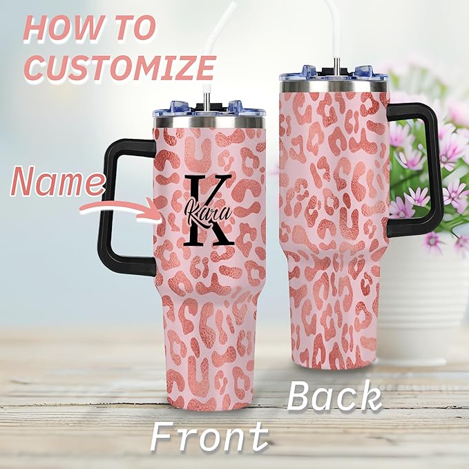Personalized Pink Leopard Print Tumbler with Names, Custom 40oz Tumblers with Handle and Straw Lid, Insulated Stainless Steel Cup, Travel Coffee Mug, Gifts for Birthday Christmas Anniversary Women - Bloomnest