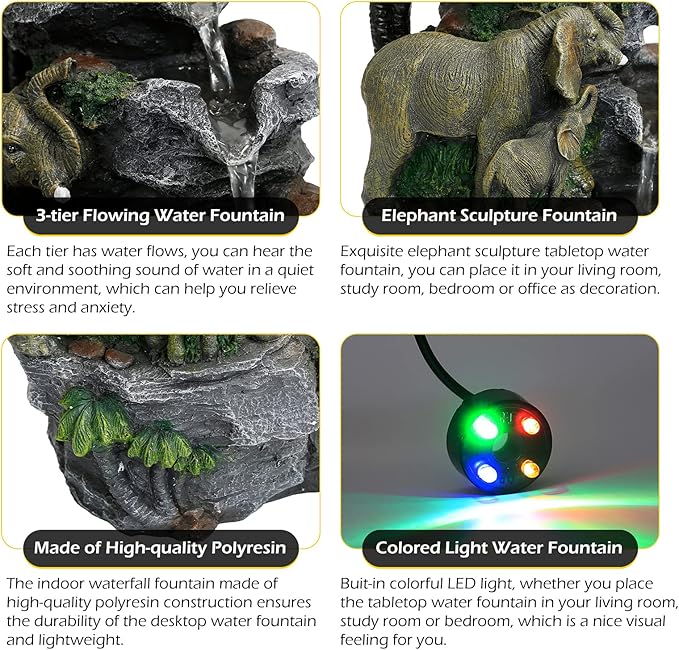 Dyna-Living Elephant Water Fountain Indoor Desktop Fountain Waterfall with Colorful LED Light Tabletop Water Fountain for Desk Office Relaxing Inside Water Feature