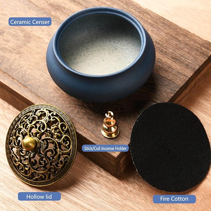 Ceramic Incense Burner with Incense Holder+ Fireproof Cotton,Handmade Smudging Burn Bowl for Stick or Coil Incense,Sage Cones, Frankincense and Mosquito Incense (Blue) - Bloomnest
