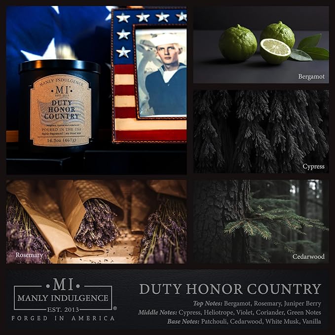 Manly Indulgence Duty Honor Country Scented Jar Candle, 2 Wick, 16.5 oz Premium Soy Blend Wax, 60H Burn, Candles for Home Scented - Made in The USA - Bloomnest
