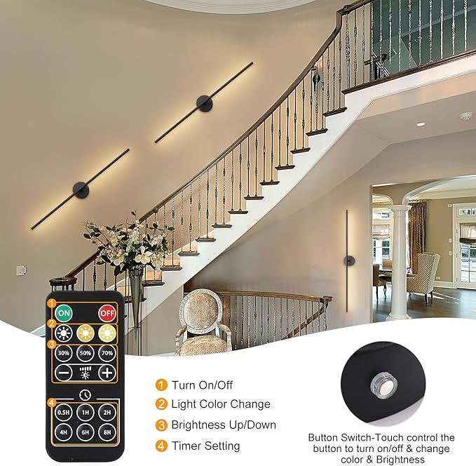 Tipace Battery Operated Wall Sconces Set of 2,Dimmable Battery Wall Sconce with Remote Control,Black LED Rechargeable Sconces,39.4 Inch Modern Wall Lights for Bedroom,Living Room - Bloomnest