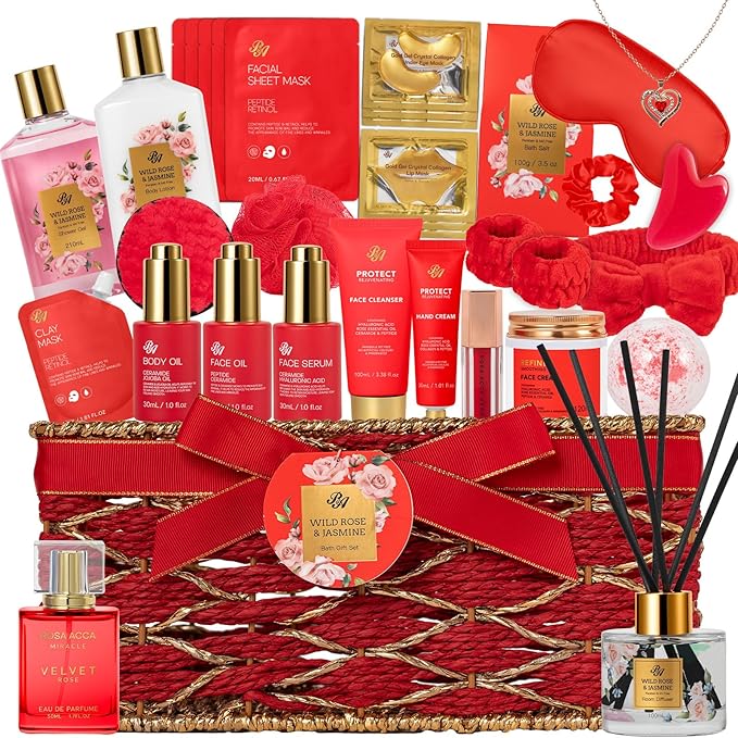 35 Pcs Valentines Day Gift for Women, Red Rose Bath and Body Basket Gift, Face Skin Care Kit, Home Spa Self Care, Lip Gloss, Diffuser, Necklace, Birthday, Christmas, Mother, Bridal Shower, Anniversary - Bloomnest