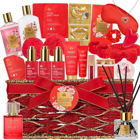 35 Pcs Valentines Day Gift for Women, Red Rose Bath and Body Basket Gift, Face Skin Care Kit, Home Spa Self Care, Lip Gloss, Diffuser, Necklace, Birthday, Christmas, Mother, Bridal Shower, Anniversary - Bloomnest