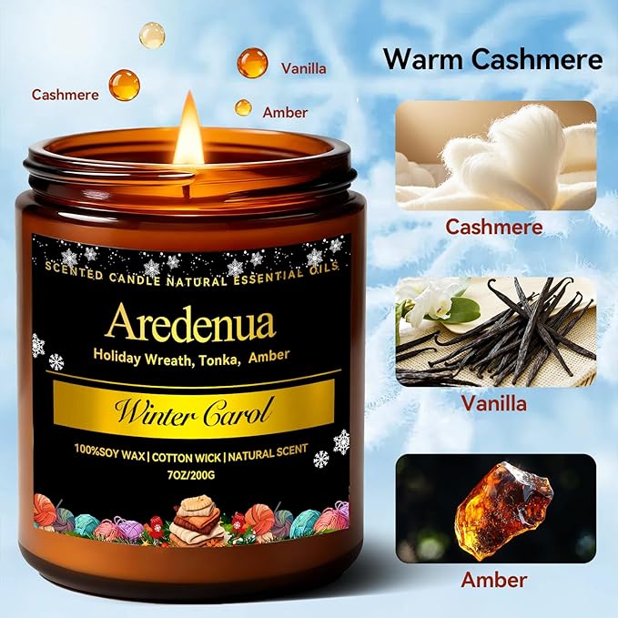 Winter Candles - Warm Cashmere Candle | Warm & Cozy Holiday Scented Candles - 7oz Jar Soy Candle for Winter Home, Holiday & Christmas Gifts for Women Men - Bloomnest