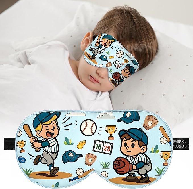Kids Sleep Mask – 100% Mulberry Silk Eye Mask with Adjustable Strap, Soft Light Blocking Sleeping Mask for Children, Cute Printed Eye Cover for Boys Girls Ages 5-15 (Baseball Style) - Bloomnest