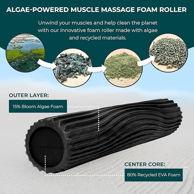 Oceanfoam Soft Tidal Roller (Black & Charcoal Marbled) - Low Density Foam Roller for Physical Therapy, Back Pain, Exercise & Stretching - Wave Textured - Yoga & Wellness - Full Size, 20" x 5" - Bloomnest
