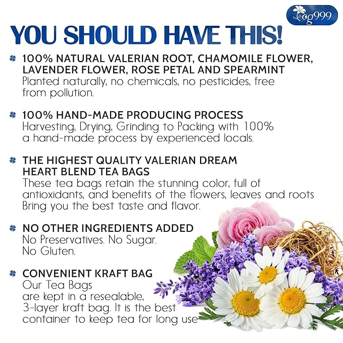 TOG999, Premium Valerian Dream Tea Bags | 60 Count | Herbal Blend with Valerian Root, Chamomile, Lavender, Rose Petal & Spearmint | Naturally Caffeine-Free, Relaxing Evening Tea. Vegan. - Bloomnest