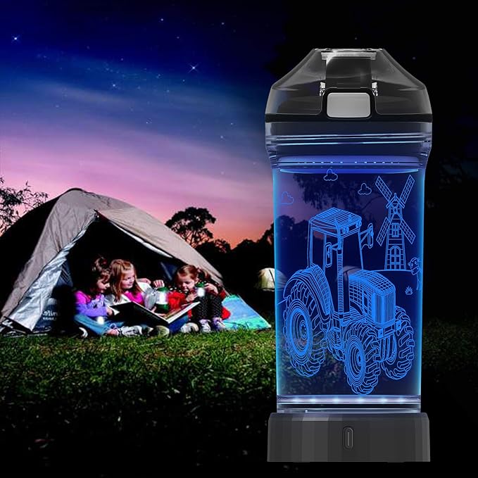 Kids Tractor Water Bottle with 3D LED Light, Glow in The Dark Gifts Ideal Travel Cup for School Boy Girl Child, Birthday Holiday Camping Picnic with Tritan BPA Free (Tractor 14 Oz) - Bloomnest