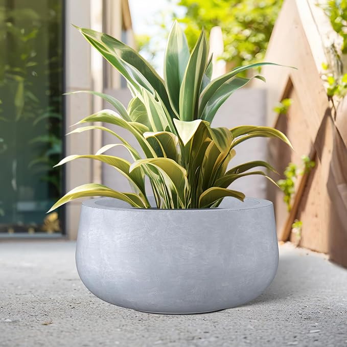 Kante 19.6" Dia Round Concrete Planter, Cement Plant Pots with Drainage Hole and Rubber Plug for Outdoor Indoor Garden Home, Modern Curvaceous Design, Gray - Bloomnest