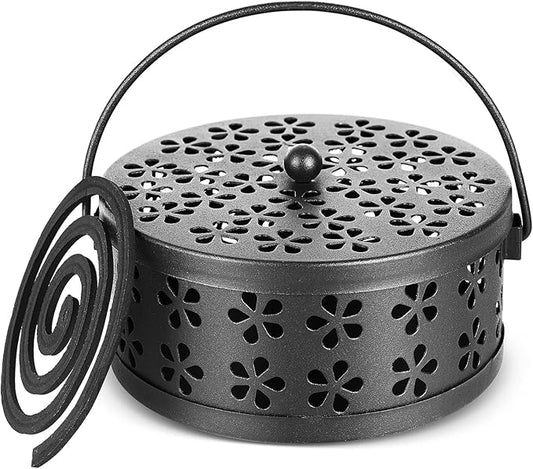 Portable Iron Mosquito Coil Holder with Handle Round Heat-Resistant Incense Holder (Black) - Bloomnest