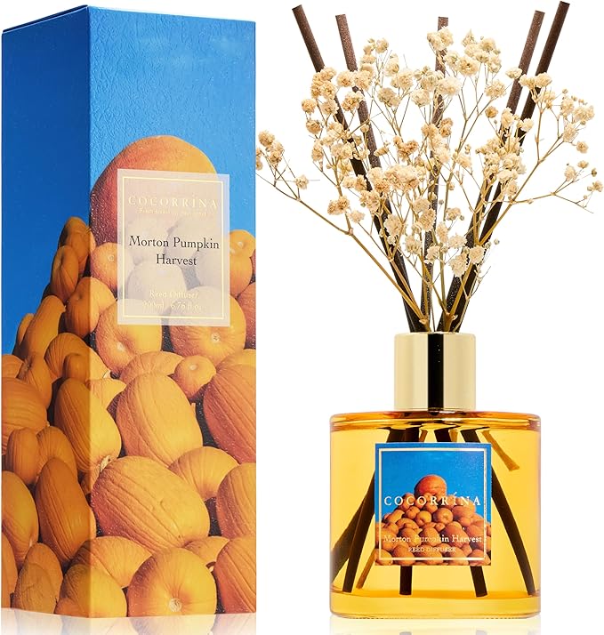COCORRÍNA Reed Diffuser - Morton Pumpkin Harvest Reed Diffuser Set with 8 Sticks & Preserved Baby's Breath, Reed Diffuser for Home Bathroom Shelf Decor - Bloomnest