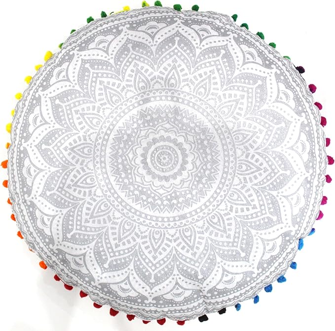CRAFT KALA 32" Round Large Round Bohemian Floor Pillow Pouf Cover Mandala Meditation Room Pillow Cover for Adults Boho Seating Poufs Cushion Cover for Kids Playroom Silver Matellic Ombre - Bloomnest