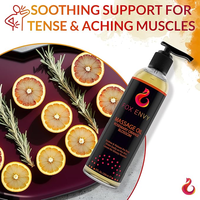 Massage Oil for Couples, Women & Men (1 Bottle, 8 fl oz) - Fox Envy Orange Blossom with Rosemary Scented Sensual Oil with Coconut Oil & Jojoba Oil - Enhances Stimulation for The Body & Muscles - Bloomnest