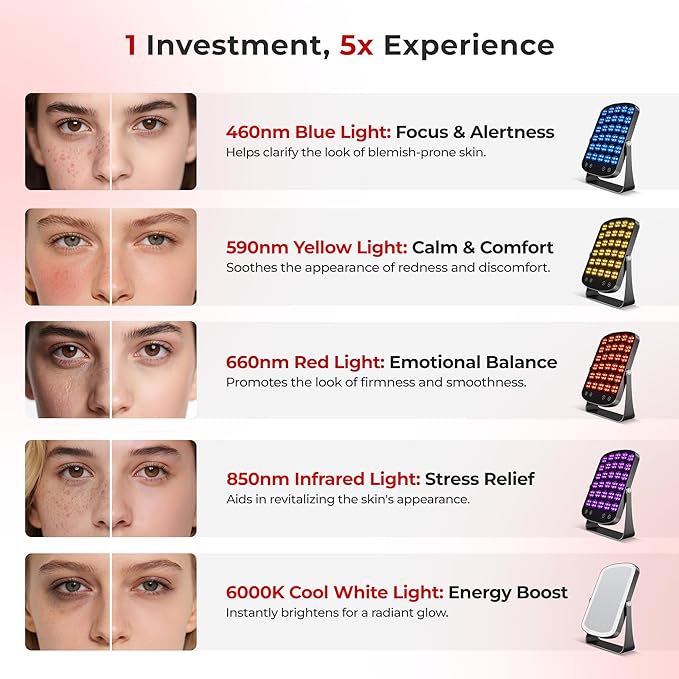 Red Light Therapy Panel, 460/590/660/850nm 4-Color Light Mode, 120 LEDs Facial Infrared Light Therapy Devices with Lighted Makeup Mirror, Timer, Portable Red Light Therapy for Face, Body, Pain Relief Morfone